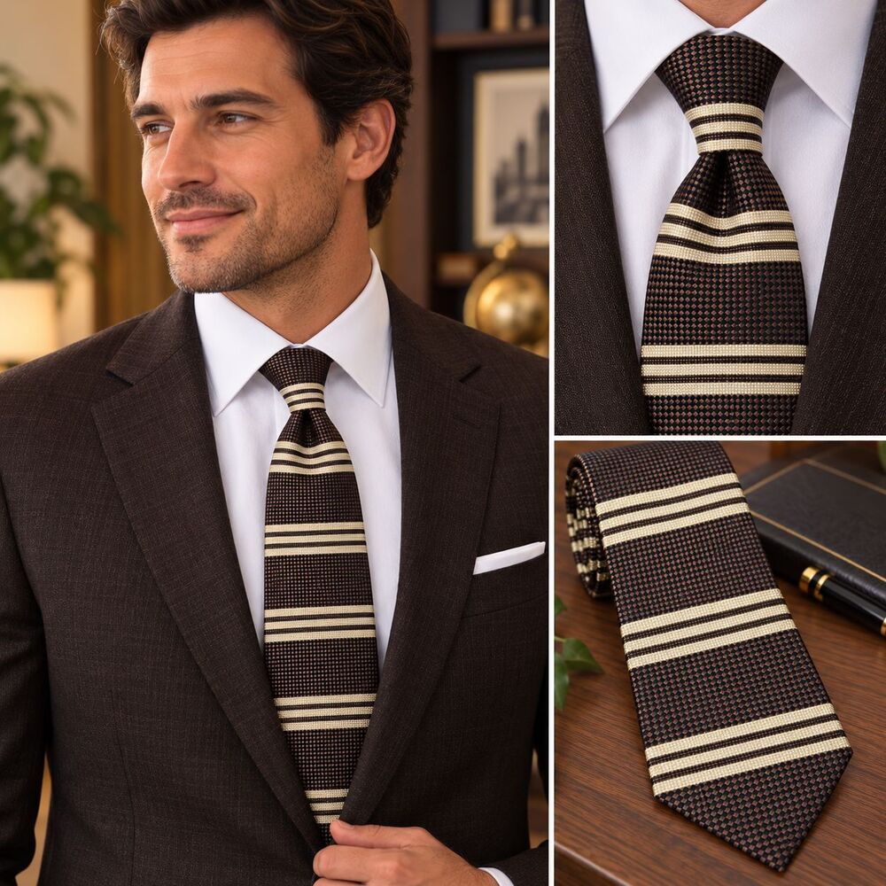Jos. A. Bank Tie Mens One Size Brown Silk Stripe Premier Made In USA Necktie